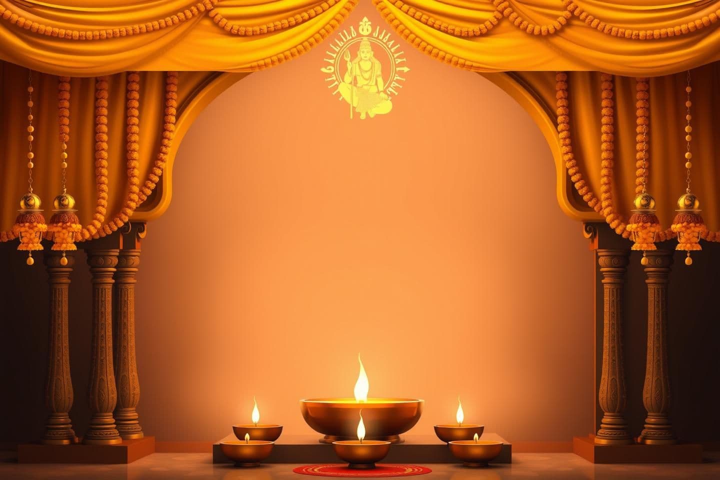 AI generated: "Vertical invitation card background for Datta Jayanti festival, hyper-realistic, soft golden and saffron color palette, Lord Dattatreya minimal silhouette or symbol at the top, ha