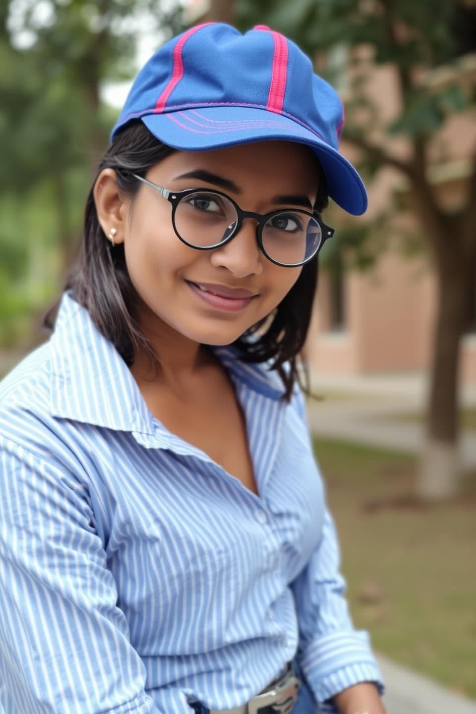 AI generated: A young woman, likely in her early eighteens , of Indian descent, is positioned slightly off-center in the frame, facing the viewer with a subtle smile. She is looking directly int