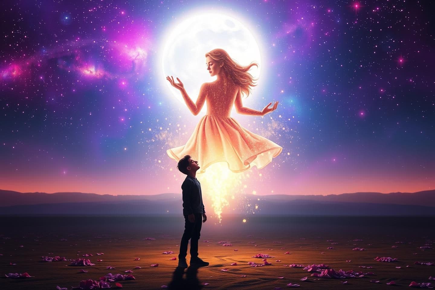 AI generated: “A lonely man in one-sided love stands on a vast, moonlit ground beneath an enchanting night sky shimmering with stars, galaxies, and floating light particles. The background glows