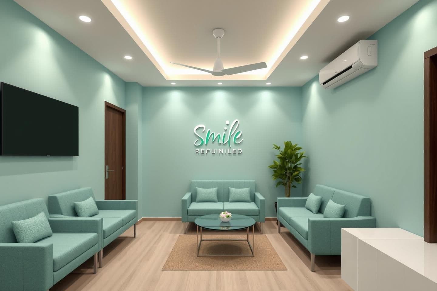 AI generated: Design attractive premium waiting area for the 60 sq ft (10×6) of dental clinic Target is premium aspirational and kids. Colours to be used are pastel blue and green. Name of clini