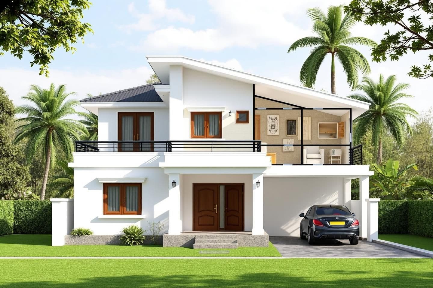 AI generated: A house architectural plan for 3 bedroom with attached toilet, 1 kitchen with dining area, car parking, remain space as hall. plot size east to west 70 feet, north to south 30 feet