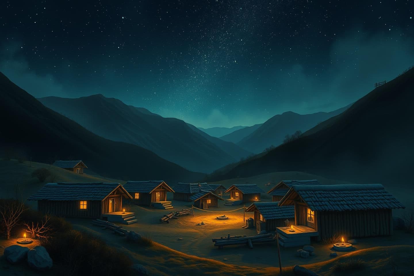 AI generated: A peaceful mountain village at night during a blackout, only small candlelights glowing softly inside a few huts, surrounded by hills and stars above, cinematic wide shot, Arcane-i