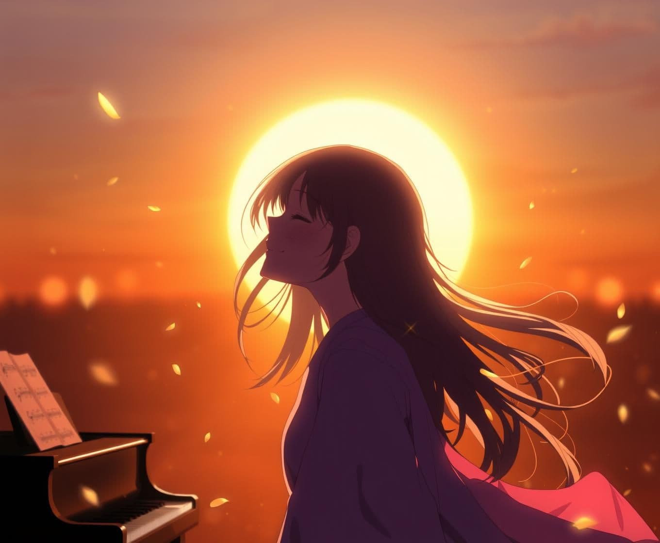 AI generated:
### 🖼️ Frame 5 – Soft Smile (0:31–0:36)
> *Medium shot: she smiles gently with eyes half-closed. Hair floats softly; faint light particles drift upward. Background is blurred