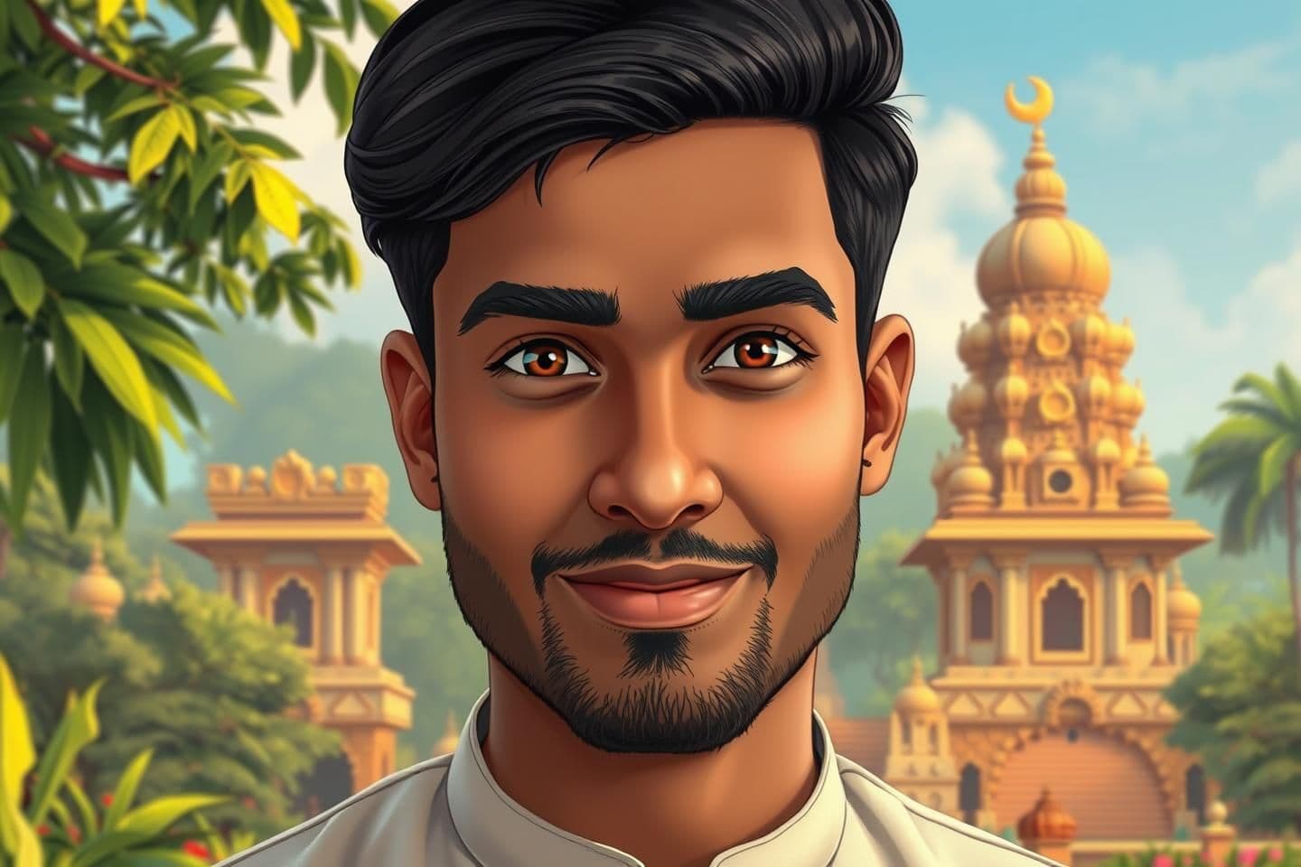 AI generated: Cartoon background of Indian God temple within nature
“very attractive Bengali Muslim man in his early 30s, charming soft eyes, sharp jawline, perfectly trimmed beard, smooth skin