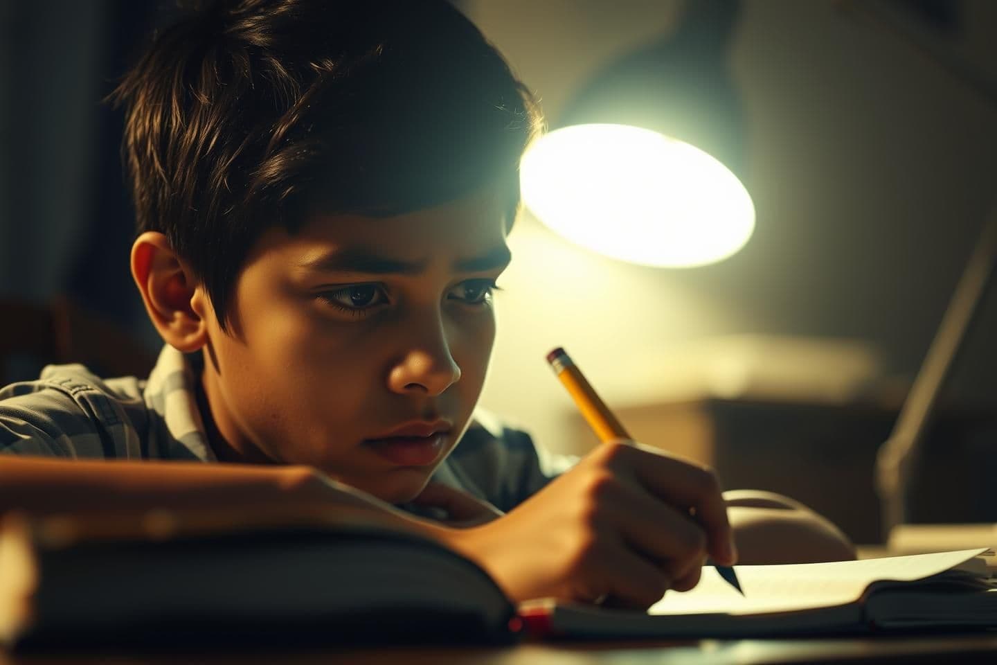 AI generated:
Cinematic close-up of a 14-year-old indian student struggling to study at night. A desk lamp glows softly. Textbooks are open, pencil tapping, the student looks stressed and con