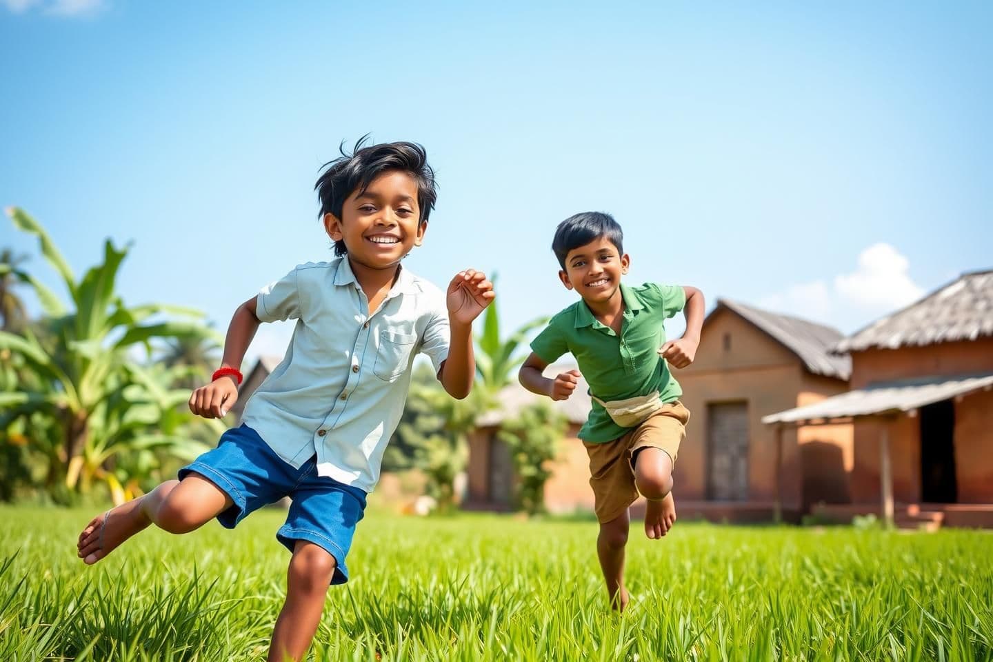 AI generated: Two 10-year-old Indian boys, Ravi and Mohan, best friends, playing together in a bright Indian countryside village called Colorville. Ravi has light brown skin, messy black hair, w