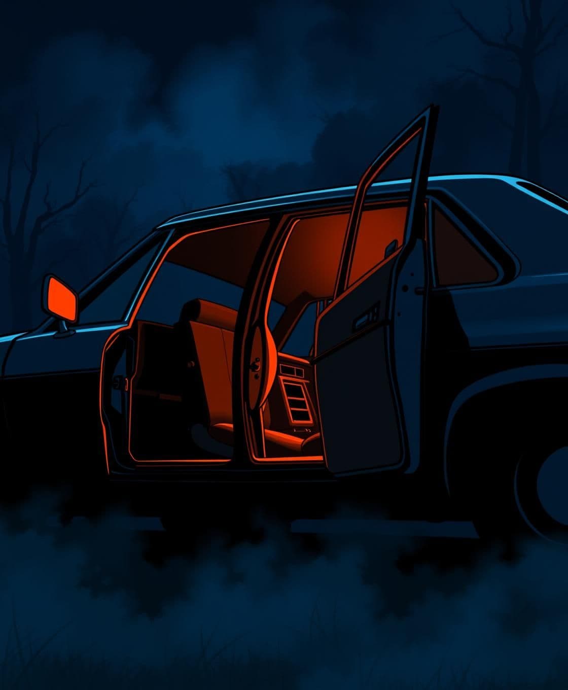 AI generated: Cinematic horror-cartoon artstyle with dark moody lighting featuring strong blue and orange contrast, thick outlines, cel-shaded textures, grain and slight chromatic aberration, VH