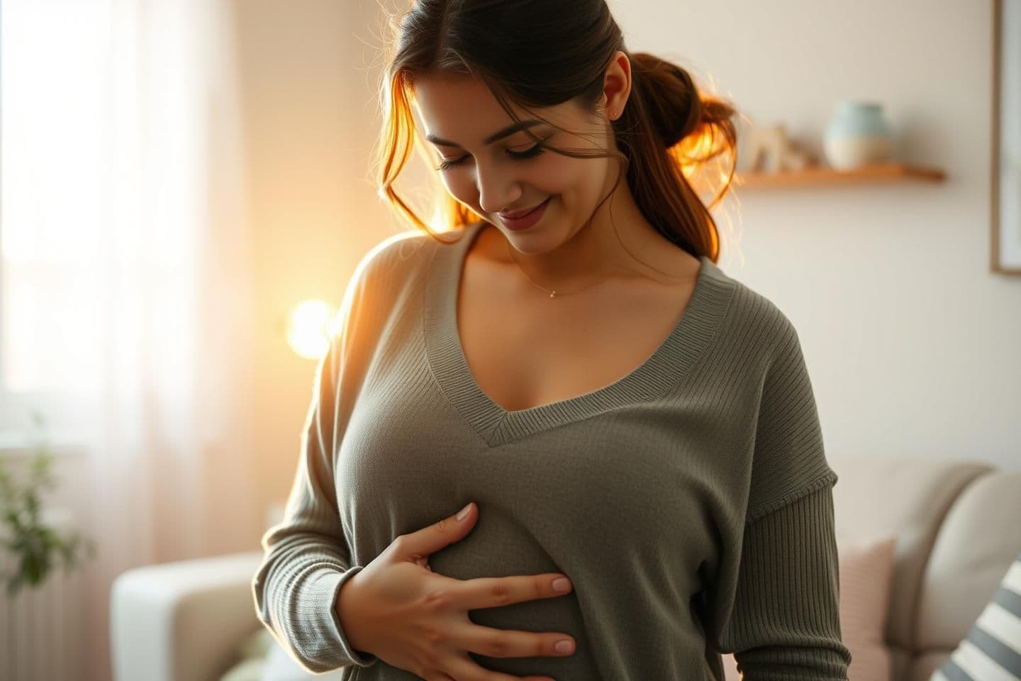 AI generated: A soft, warm, emotional scene of a young woman gently touching her lower belly with a peaceful, hopeful expression; subtle early-pregnancy hints like a faint sunrise glow behind he