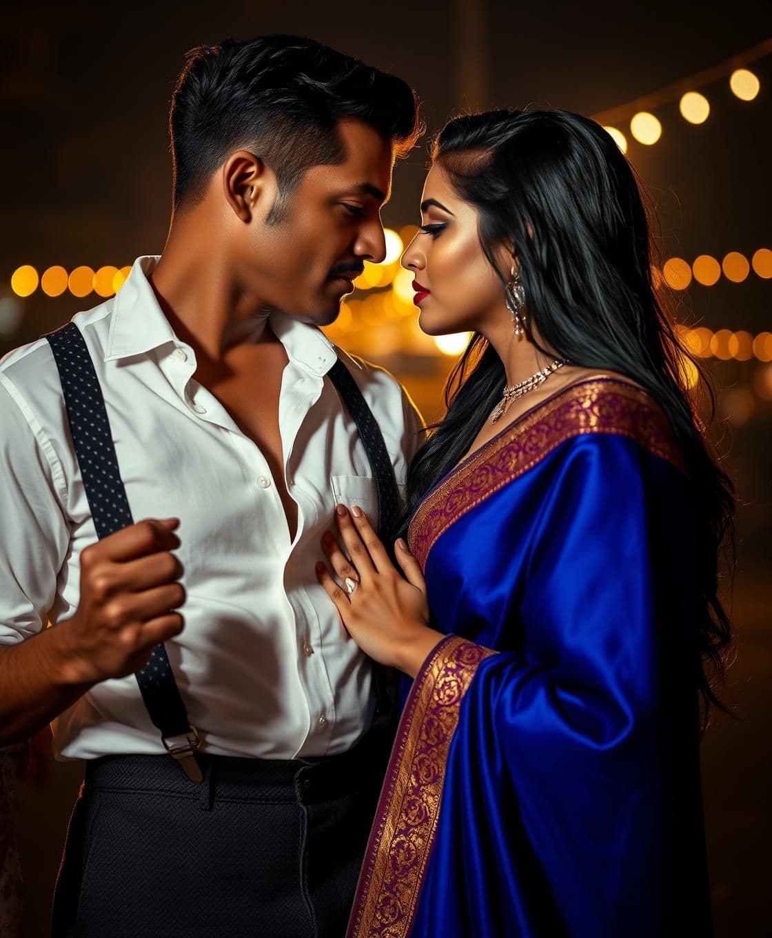 AI generated: Subject: A cinematic, ultra-realistic night portrait of a stunning Indian couple, identical to reference features, locked in a gaze of consuming, primal devotion. The atmosphere i