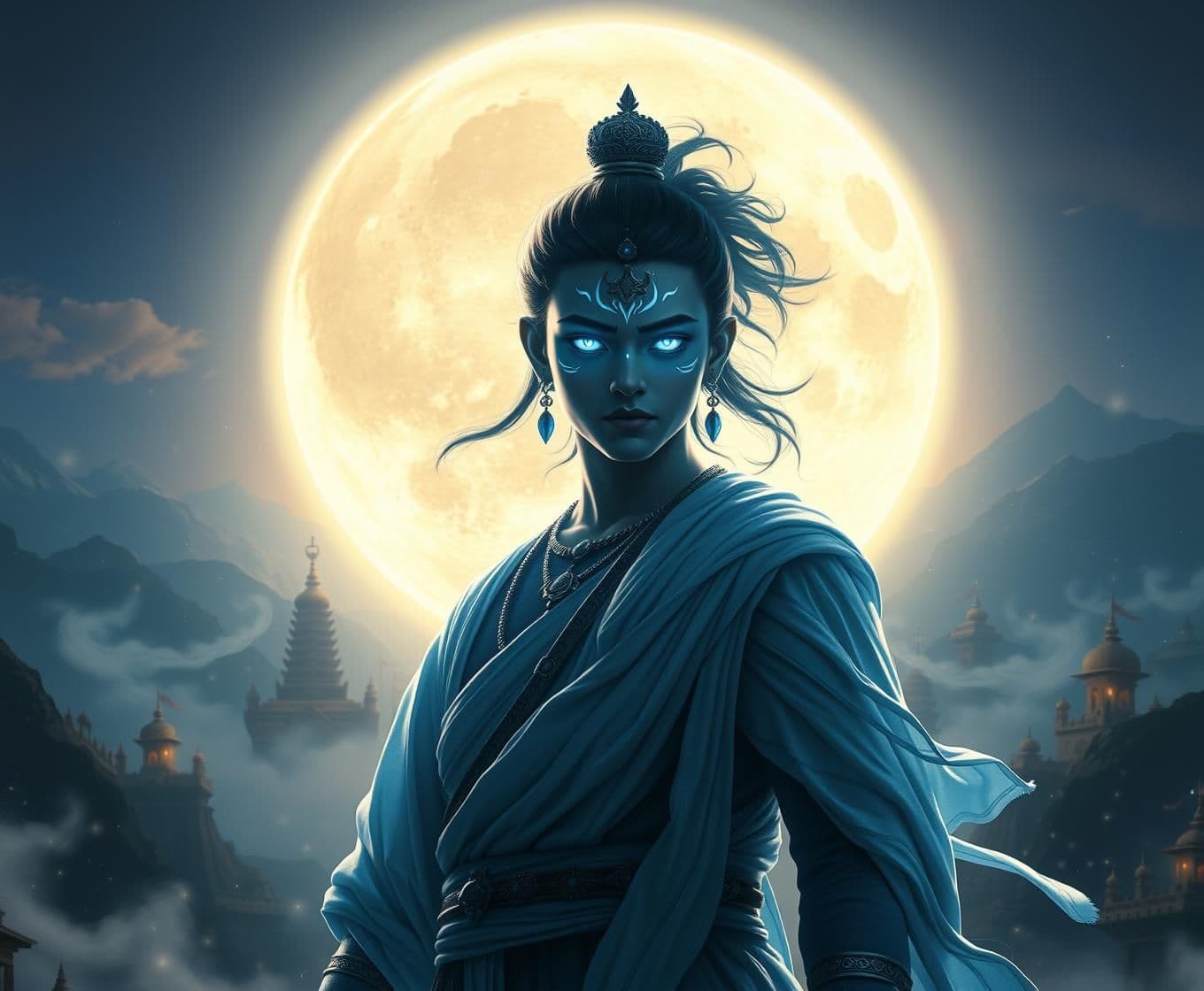 AI generated: YouTube thumbnail style artwork of Chandra, a young celestial warrior-sage standing dramatically in front of a huge glowing full moon. Intense blue and silver lighting on his face,