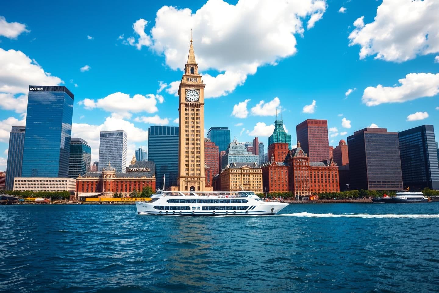 AI generated: A A photorealistic wide landscape shot of the Boston skyline viewed from the water. Dominated by the Custom House Tower, a tall beige clock tower with a spire in the center. Surrou