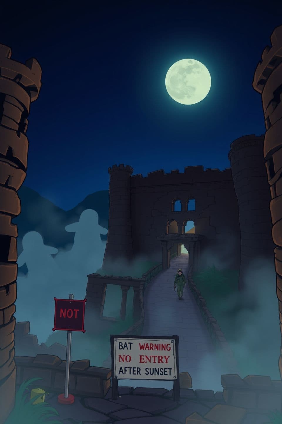 AI generated: A cartoon animation style night-time wide shot of Bhangarh Fort from above, broken towers, glowing mist drifting between ruins, pale moon in the sky, faint ghostly figures walking