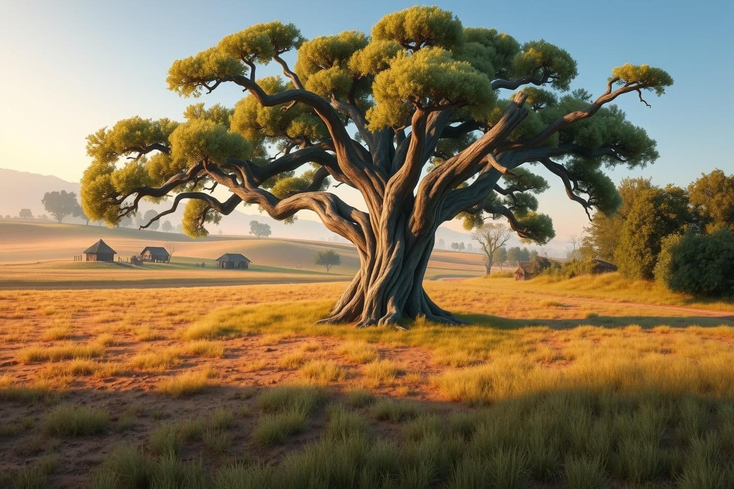 AI generated: “Create a detailed village background with a large old tree in the center having wide branches and a thick textured trunk. Surround it with a grassy field mixed with brown patches