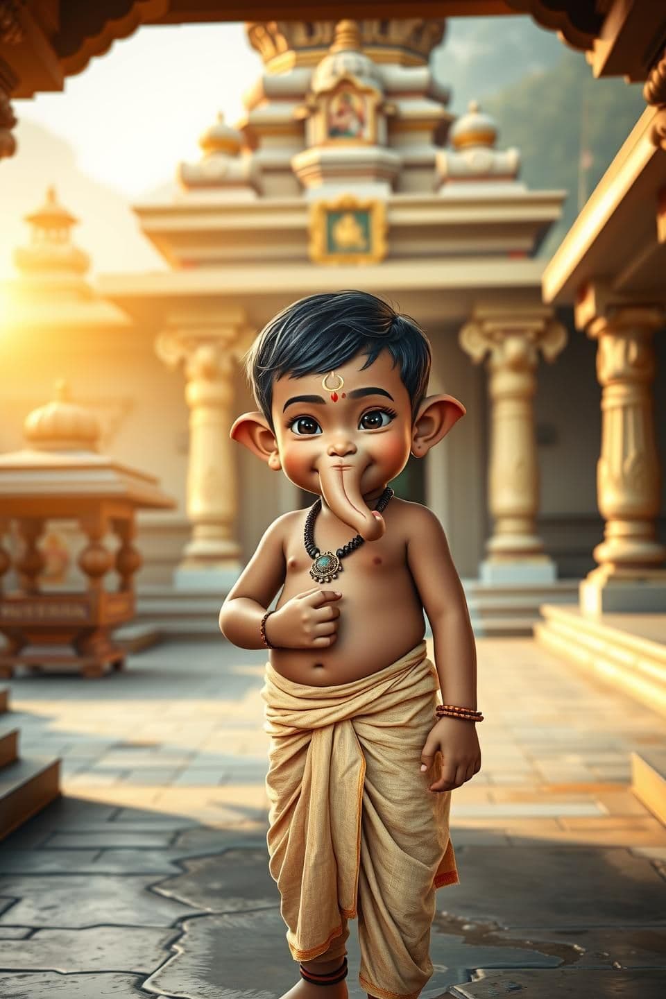AI generated: 9:16 vertical realistic image of a young Indian boy representing Lord Ganesha in his childhood form, without elephant head. The boy has soft, round childlike features with dusky sk