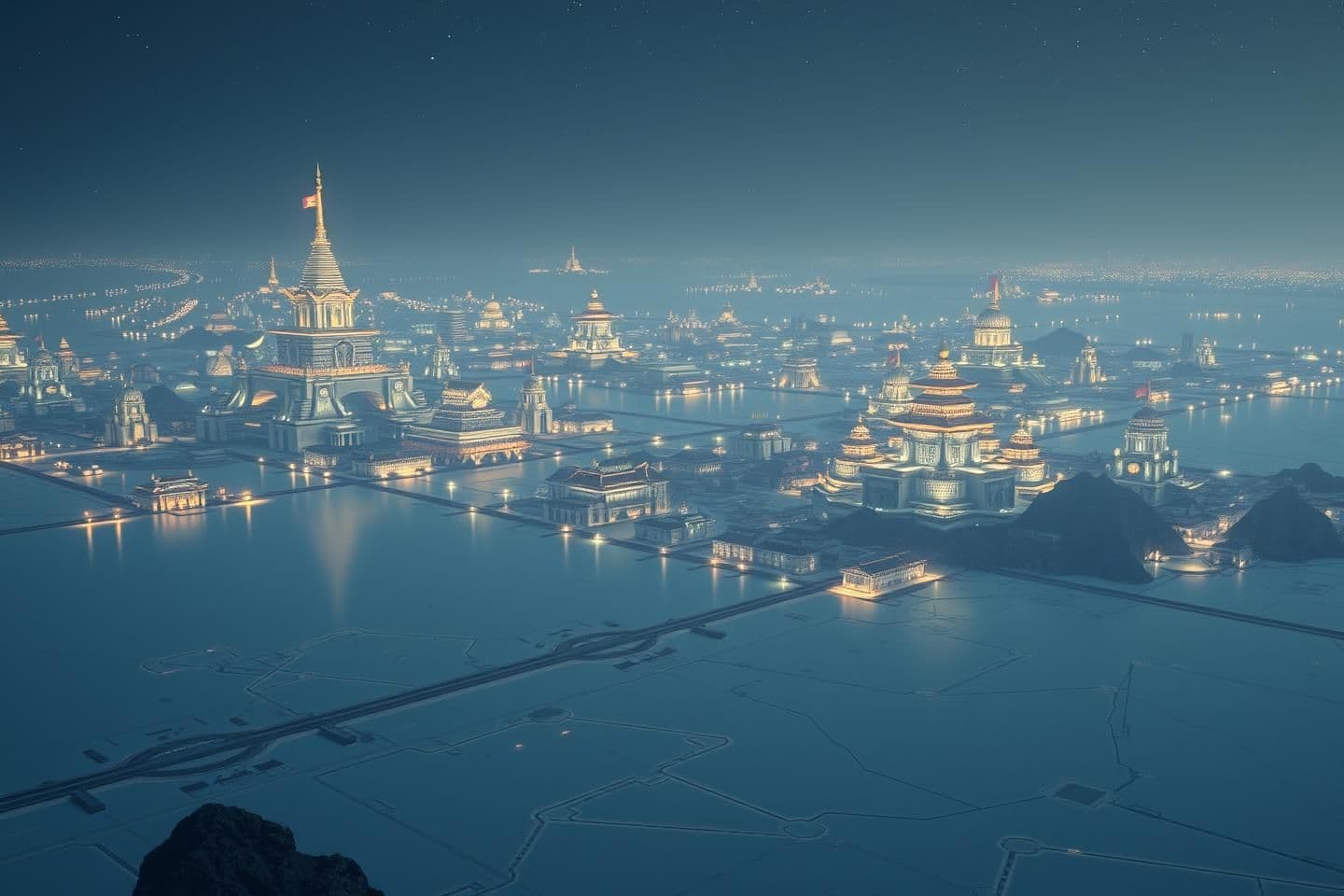 AI generated: Make a few images of a sprawling vast capital city in the middle of a vast salt flat at night. The city should have buildings that look modern and almost like ivory but should have