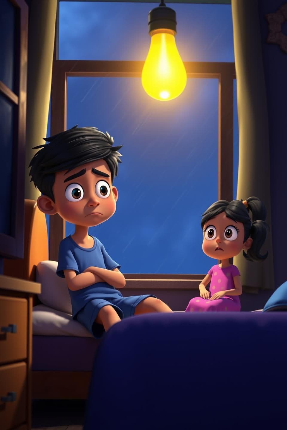 AI generated: 3D animated cartoon scene, night setting inside a kid’s room, window shaking from storm wind, flickering yellow light bulb, shadows moving on walls.
Characters:
Aarav (10 yrs): me