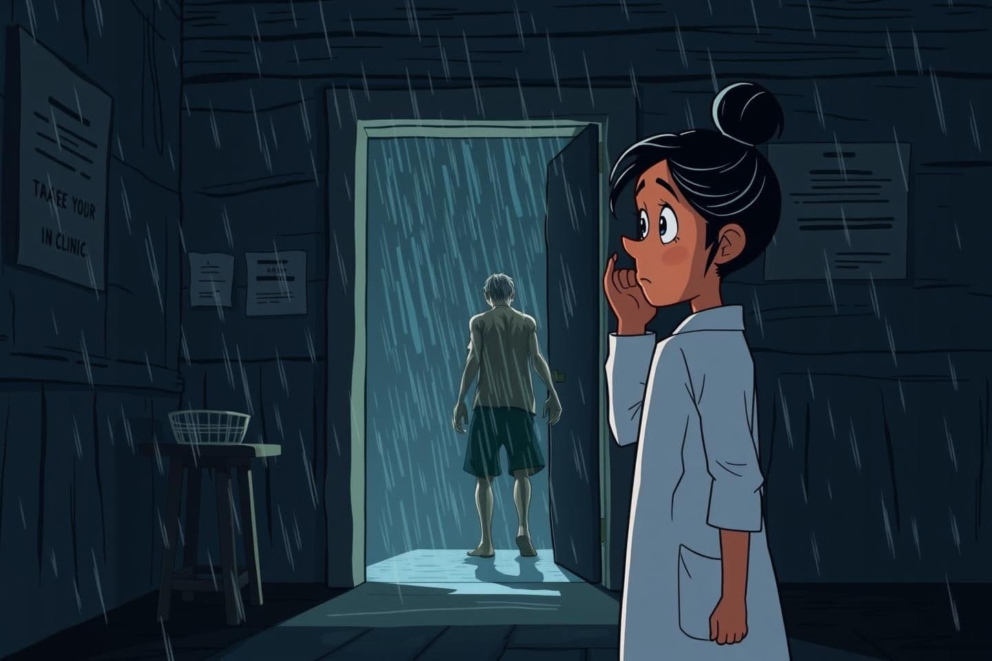 AI generated: “Animate a 2D cartoon scene inside the same rural clinic at night, keeping full visual consistency with Scene 1.
Show Dr. Mira Sen (us woman, 32–35, messy bun, tired eyes, white do