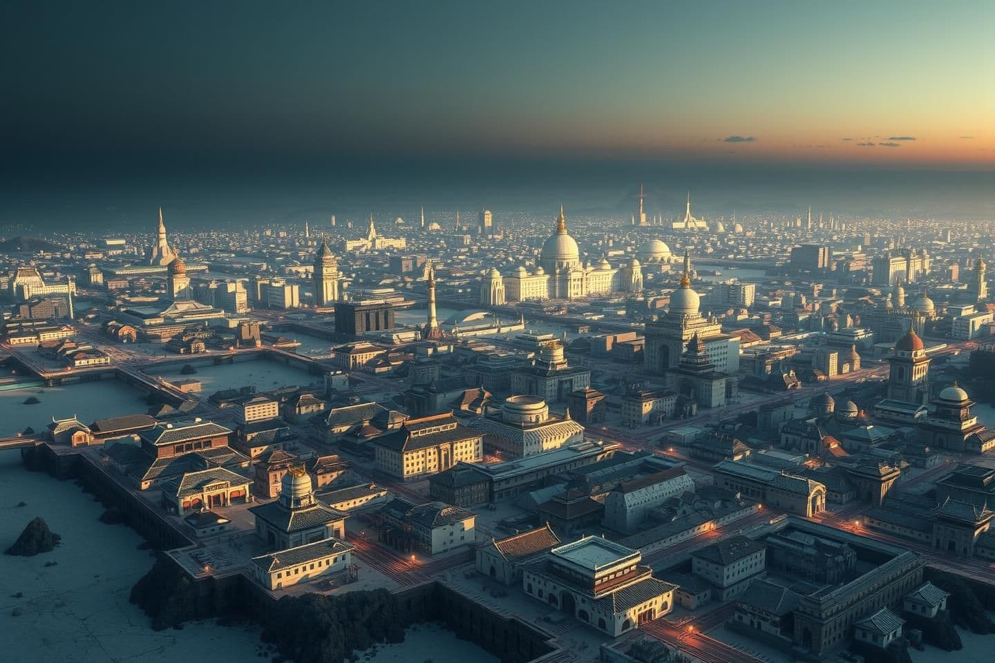 AI generated: Make a few images of a sprawling vast capital city in the middle of a vast salt flat at night. The city should have buildings that look modern and almost like ivory but should have