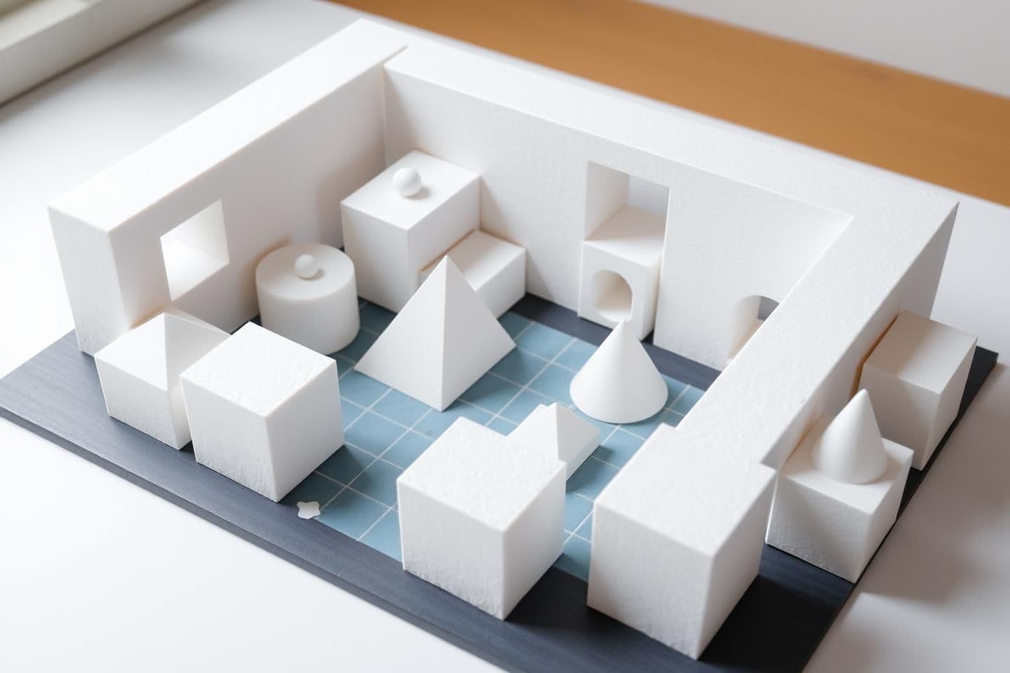 AI generated: The task is to build space, not objects. Using floral foam bricks, you will compose a spatial module using any three combinations from the following: 03 cubes (50×50×50 mm), 0