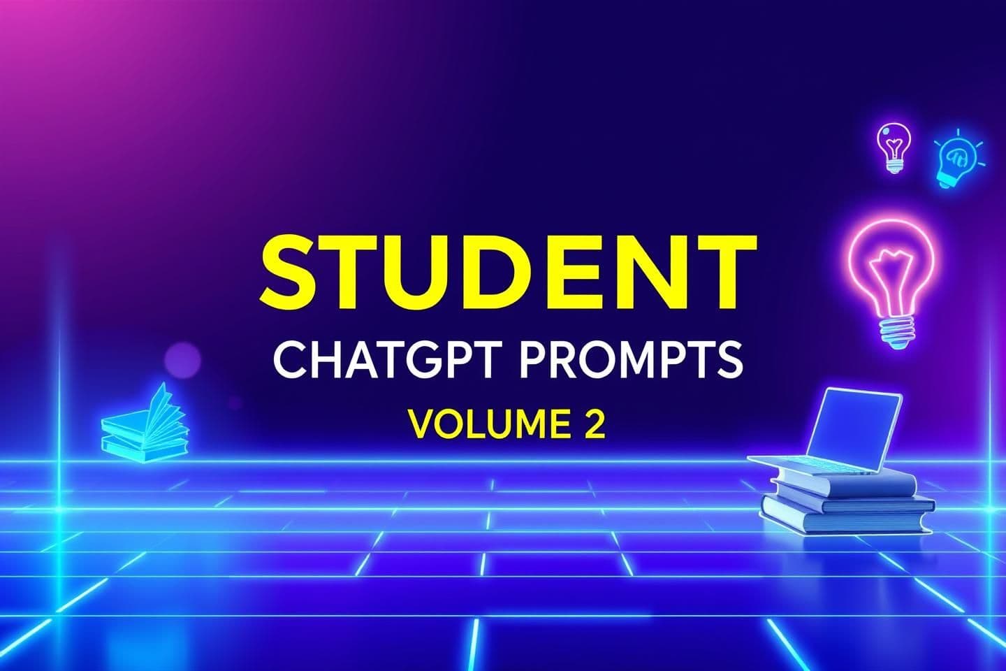 AI generated: “Modern minimalist digital cover design in horizontal 1280x720, futuristic neon blue and purple theme, large bold title text placeholder ‘STUDENT Advanced ChatGPT PROMPTS VOL 2’, g