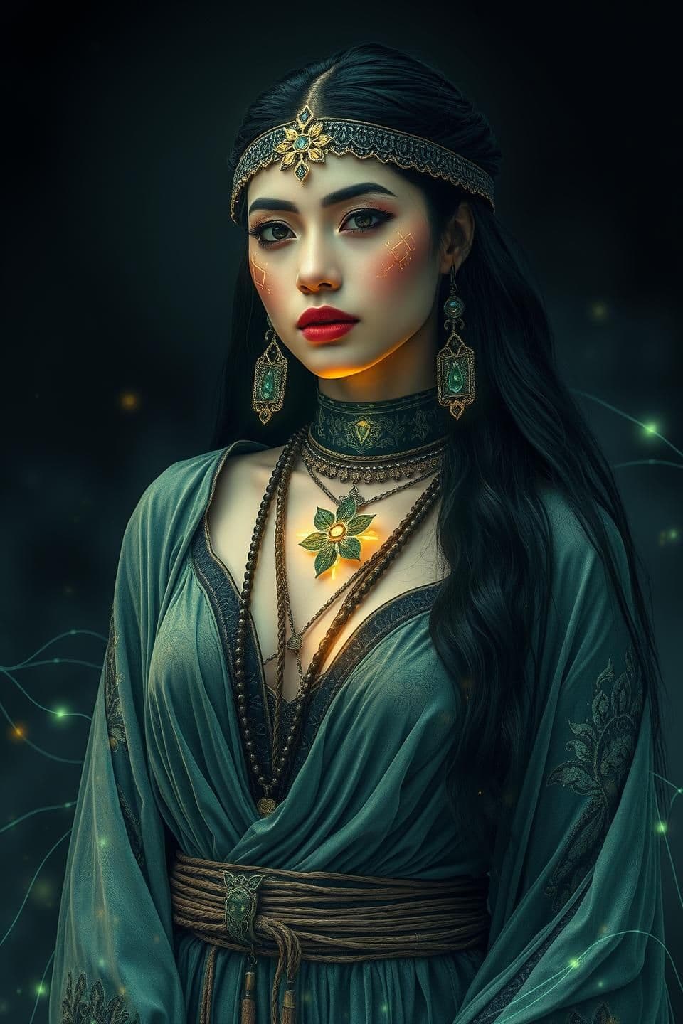 AI generated: mystical fashion female model traditional tribal outfit in fusion with, A professional digital for a profile photo, electronic lines, and glowing binary patterns, symbolizing the