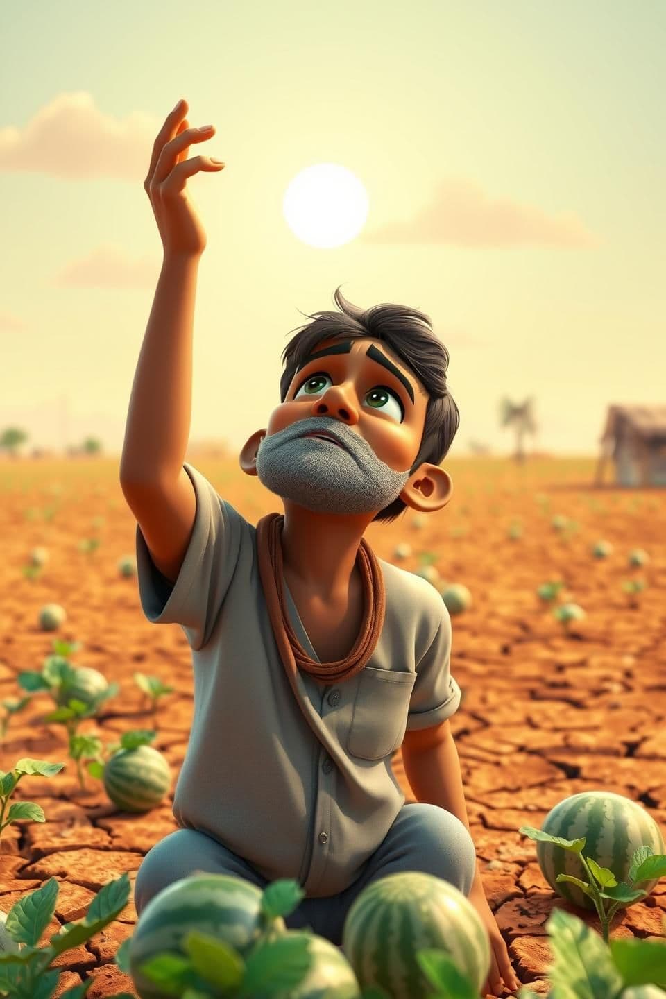 AI generated: Indian farmer looking up at the sky with tears in his eyes, no clouds, strong heat waves, dry farmland, hyper 3D cartoon character, emotional scene, Indian rural atmosphereIndian f