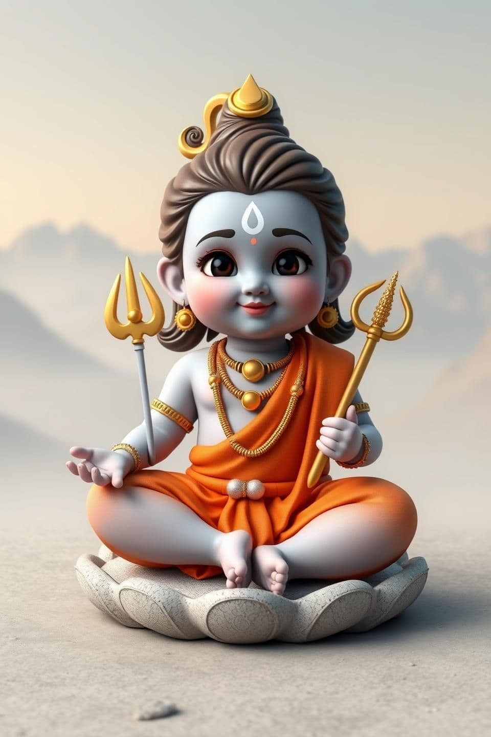 AI generated: A 3D cute baby version of Lord Shiva, small and adorable but fully respectful and divine, sitting in a gentle lotus pose with one leg slightly bent. Calm and serene expression, sli