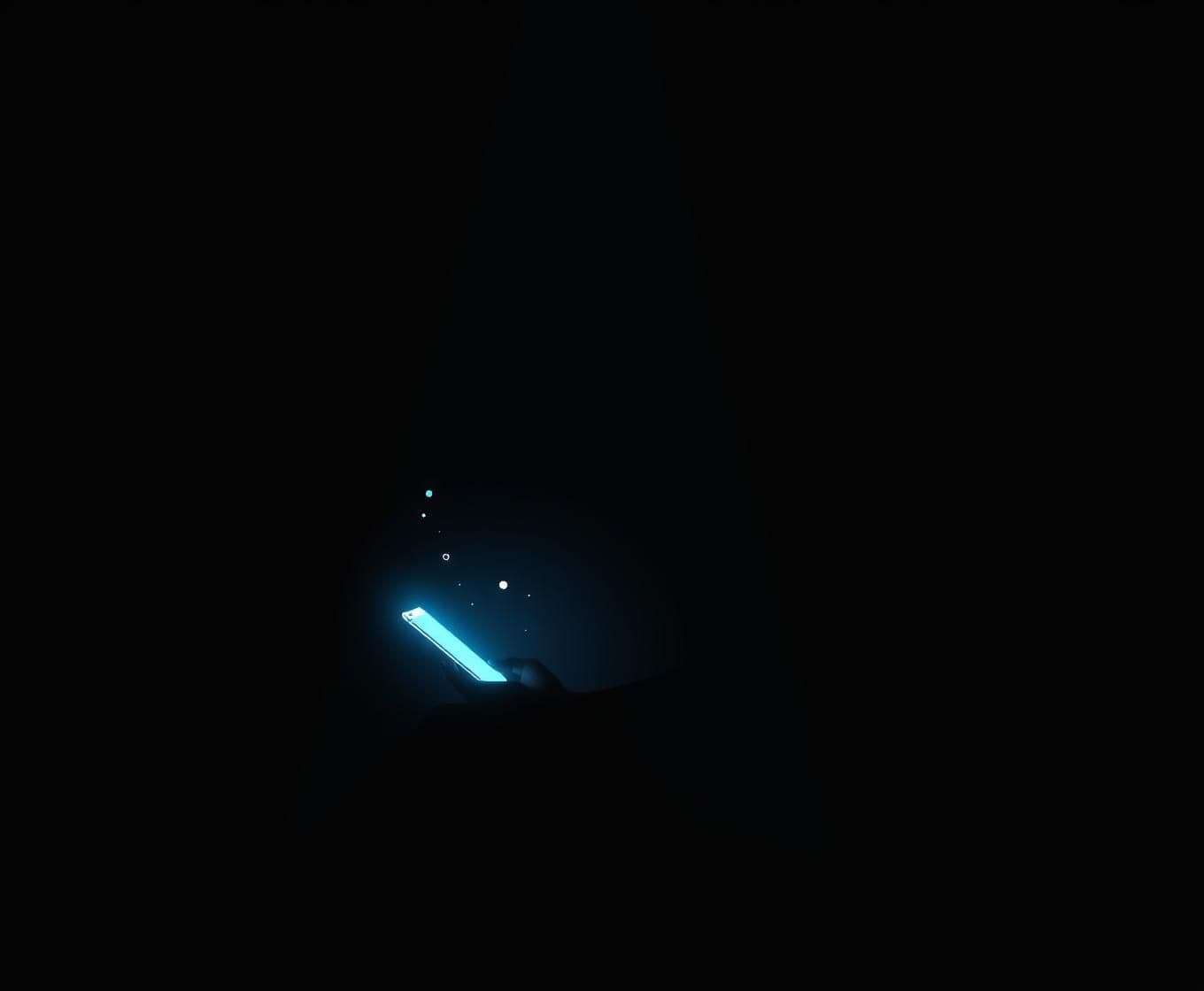 AI generated: “Minimal glowing line art of a human silhouette sitting alone in darkness, illuminated softly by the bluish light of a smartphone in their hands, faint floating notification icons