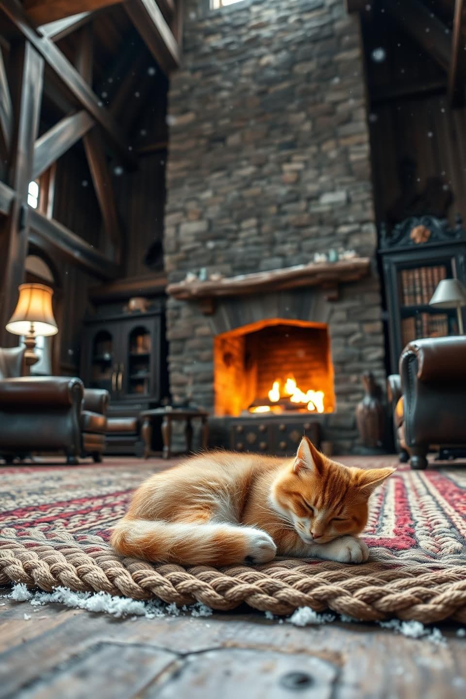 AI generated: Old Classy Living Room, Interior (Cat Detail): A spacious, rustic great room interior with exposed, rough-hewn wooden beams and a towering stone fireplace. The focus is on the floo