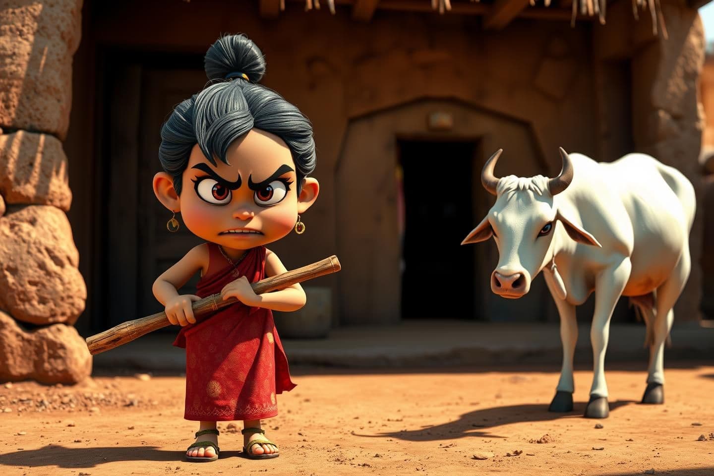 AI generated: 3D cartoonish scene of a rural Indian village courtyard, a rough and greedy girl standing with angry expression, holding a wooden stick, a sad white cow looking down in fear, clay