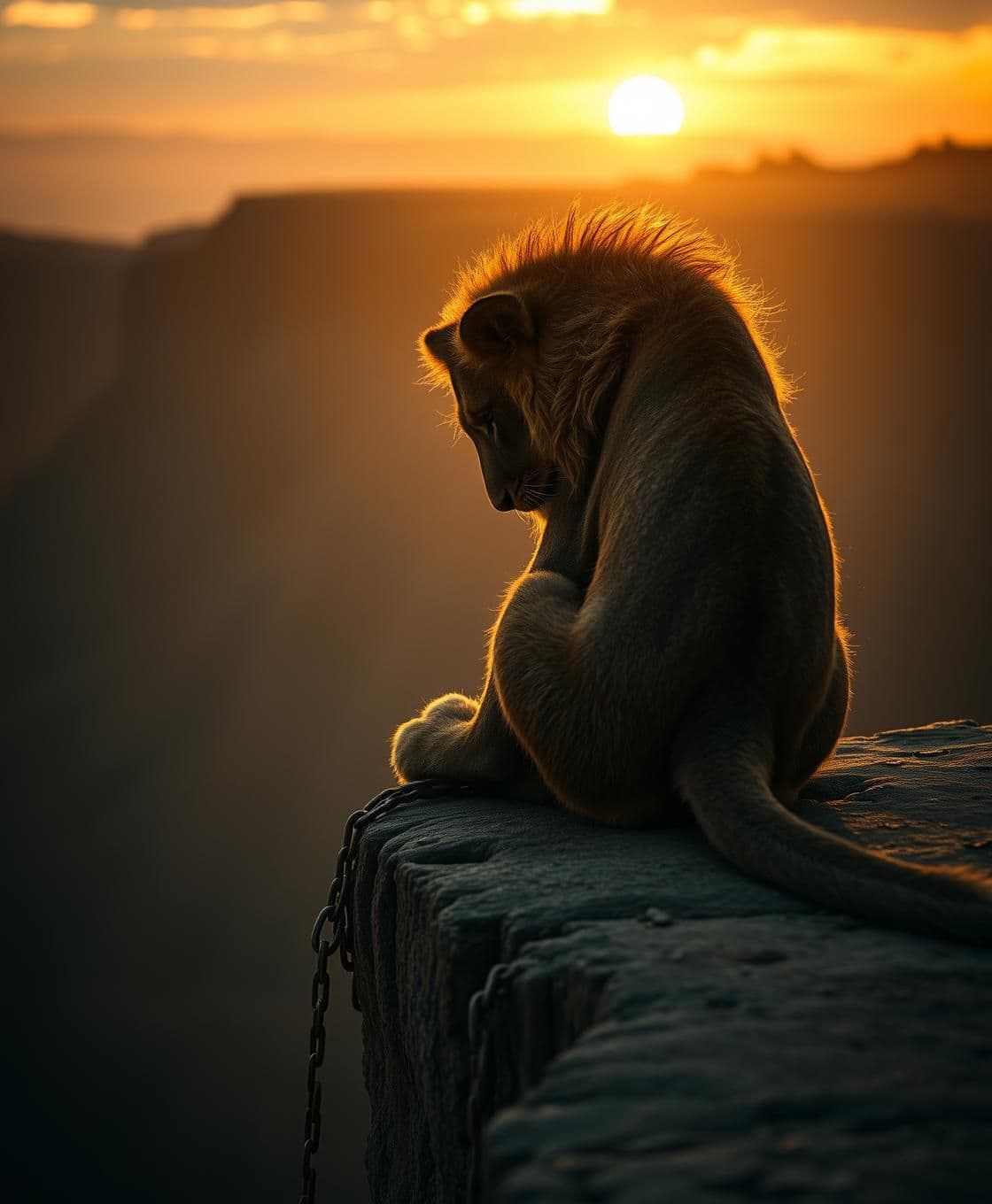 AI generated: “Emotional cinematic shot. A young lion sits alone on a windy cliff edge during sunset, head lowered with regret. Old rusty chains locked around his paws. Camera slow dolly-in from