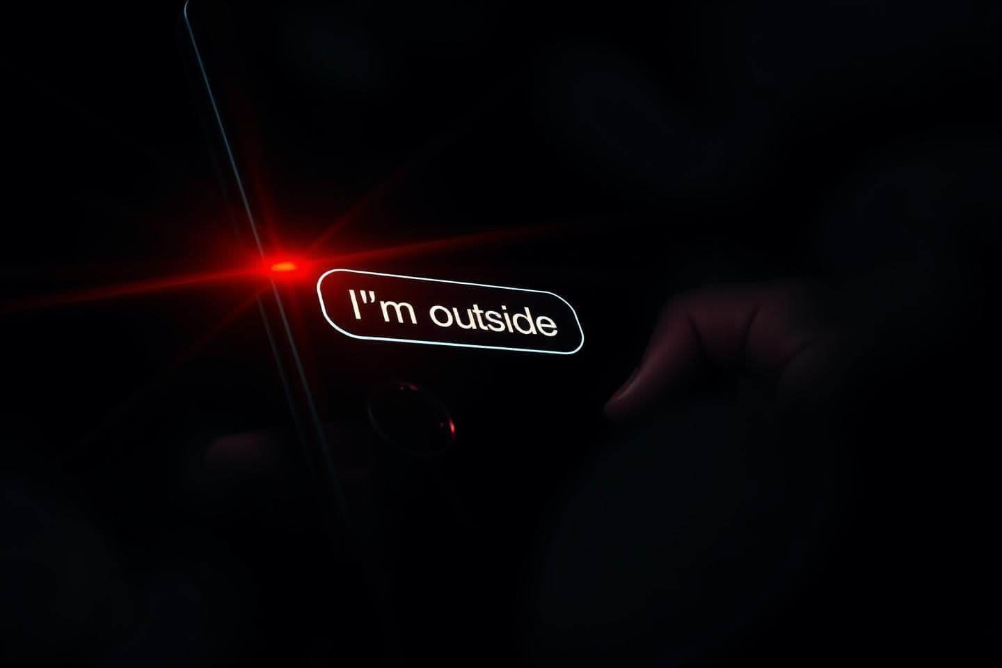 AI generated: ultra-detailed horror illustration, close-up of a smartphone glowing in a dark room, eerie red notification light, scary text message saying “I’m outside your window”, high contras