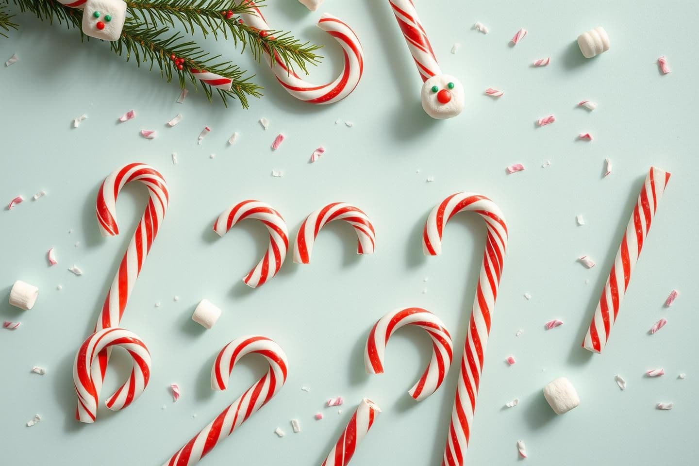 AI generated: Photorealistic playful Christmas flat-lay background on pastel mint surface: candy canes arranged like smiley faces, tiny marshmallows “eyes”, sprinkled confetti like snow, soft st