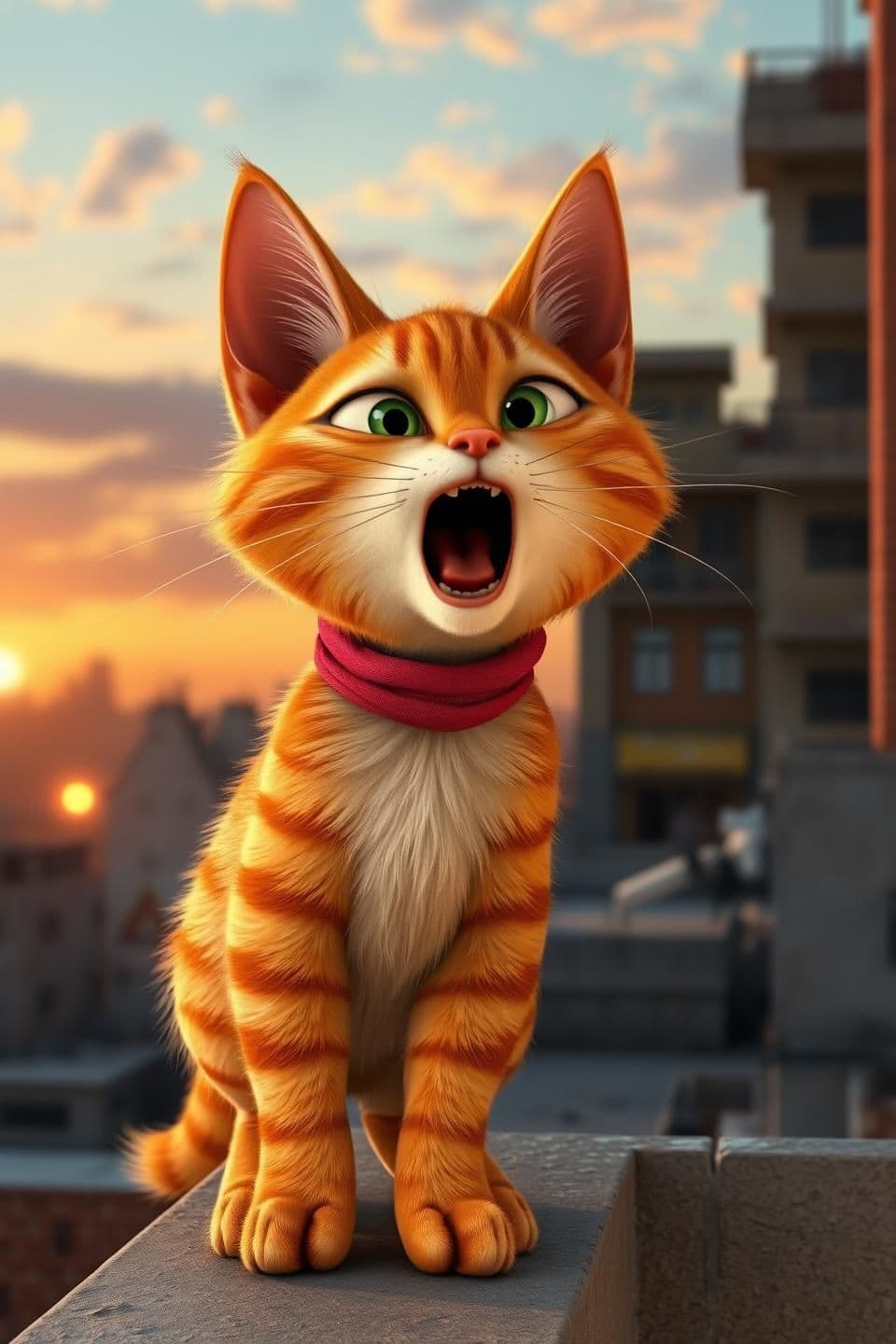 AI generated: A chubby orange tabby cat with big green eyes standing on a rooftop ledge, shouting dramatically with mouth wide open, red scarf around neck, sunset sky, Indian urban buildings in
