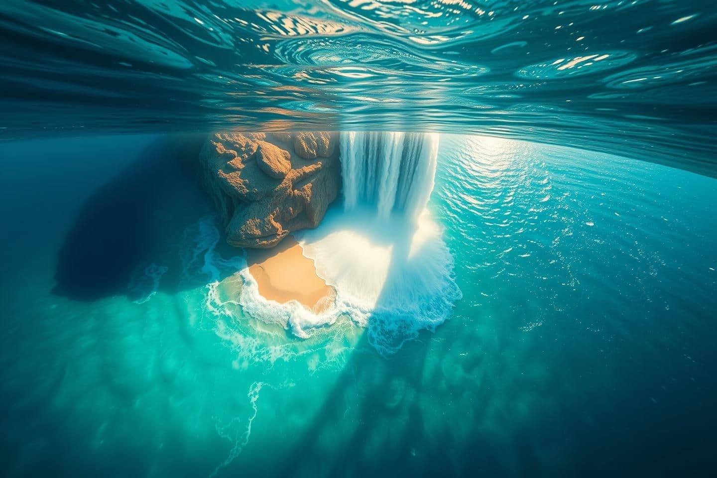 AI generated: Aerial view of an underwater waterfall illusion near Mauritius, vast turquoise ocean with sand flowing like a waterfall down an underwater cliff, ultra-realistic, golden hour sunli