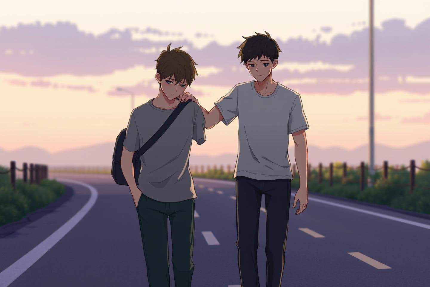 AI generated: "Two young men walking together on a quiet evening road, one looking sad with lowered head, the other comforting him by holding his arm gently, soft light around them, style: 3d pi