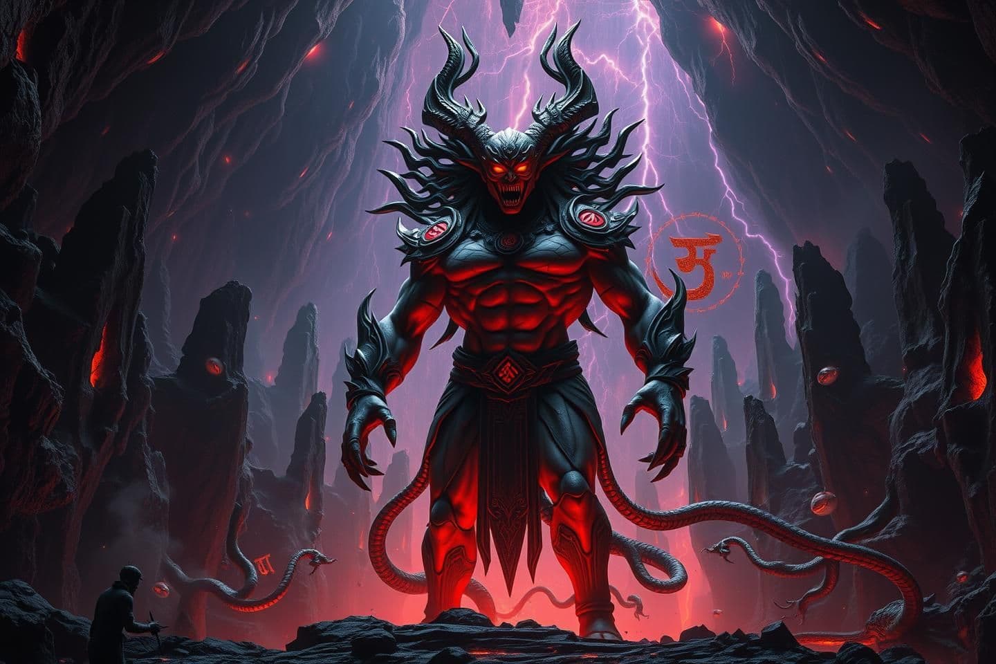 AI generated: Hyper-Unreal 8K cinematic mythological scene, Asura Kritrim standing dominantly in the depths of Patal-lok, massive cavernous underground landscape with jagged black stone pillars