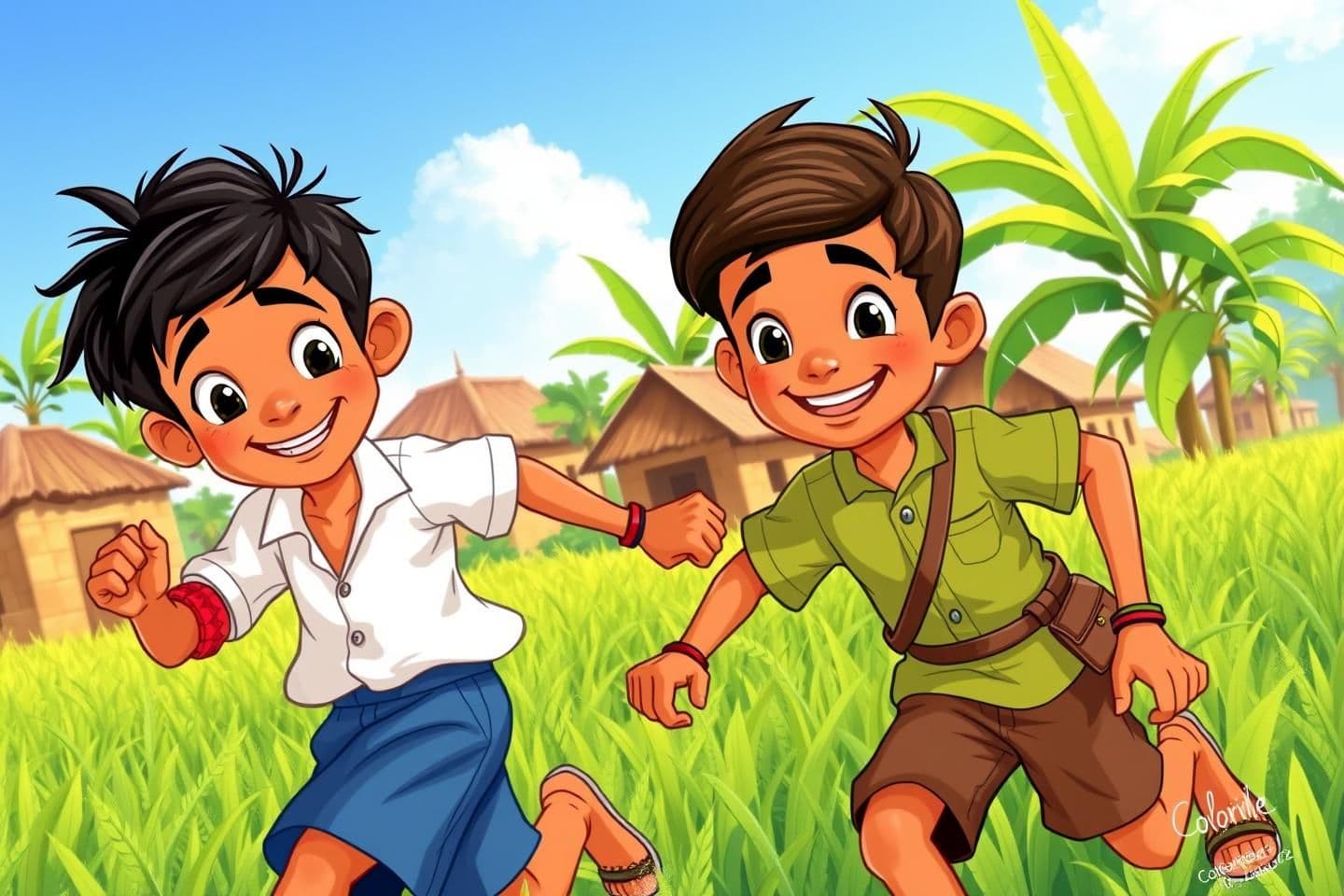 AI generated: Two 10-year-old Indian boys, Ravi and Mohan, best friends, playing together in a bright Indian countryside village called Colorville. Ravi has light brown skin, messy black hair, w
