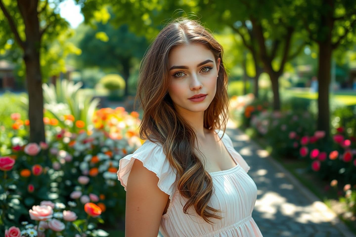 AI generated: A stunningly beautiful young woman standing peacefully in a vibrant, realistic garden during daytime. She has natural makeup, long wavy brown hair, and is wearing a flowing pastel