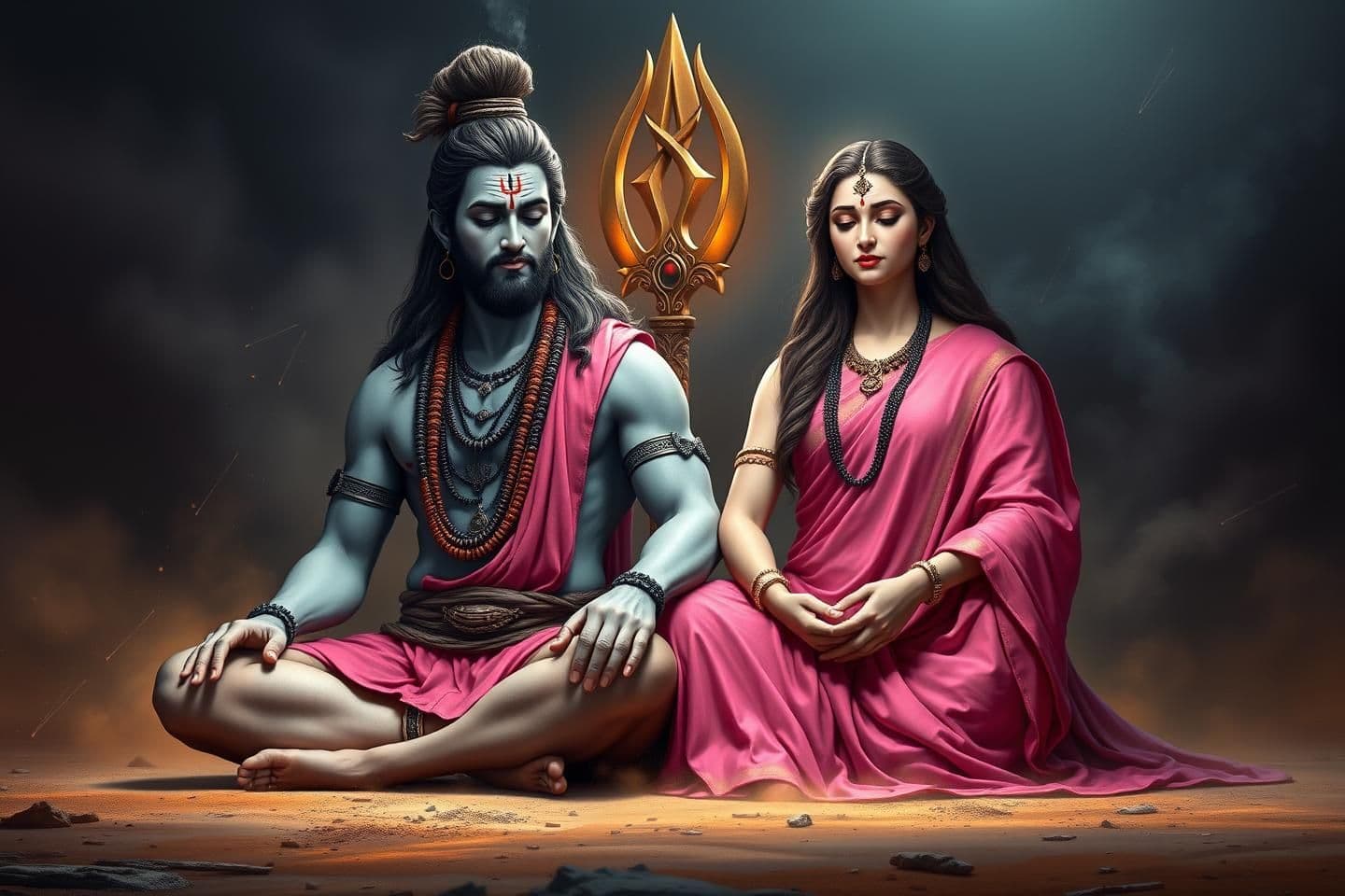 AI generated: Create a highly detailed, ultra-realistic digital painting of Lord Shiva and Goddess Parvati sitting together in a meditative pose. Shiva should have long matted hair tied in a bun