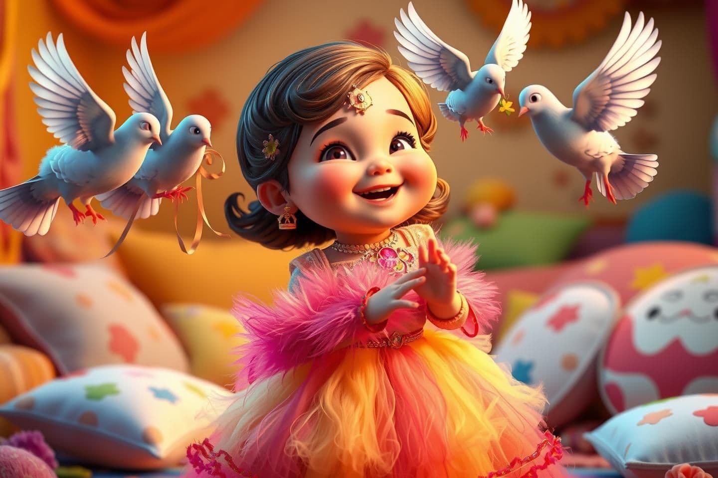 AI generated: Subject: A cute toddler girl dressed as a bride in a colorful, fluffy lehenga (traditional dress) with layers of soft fabric.
Action: She is giggling while the colorful fluffy pige