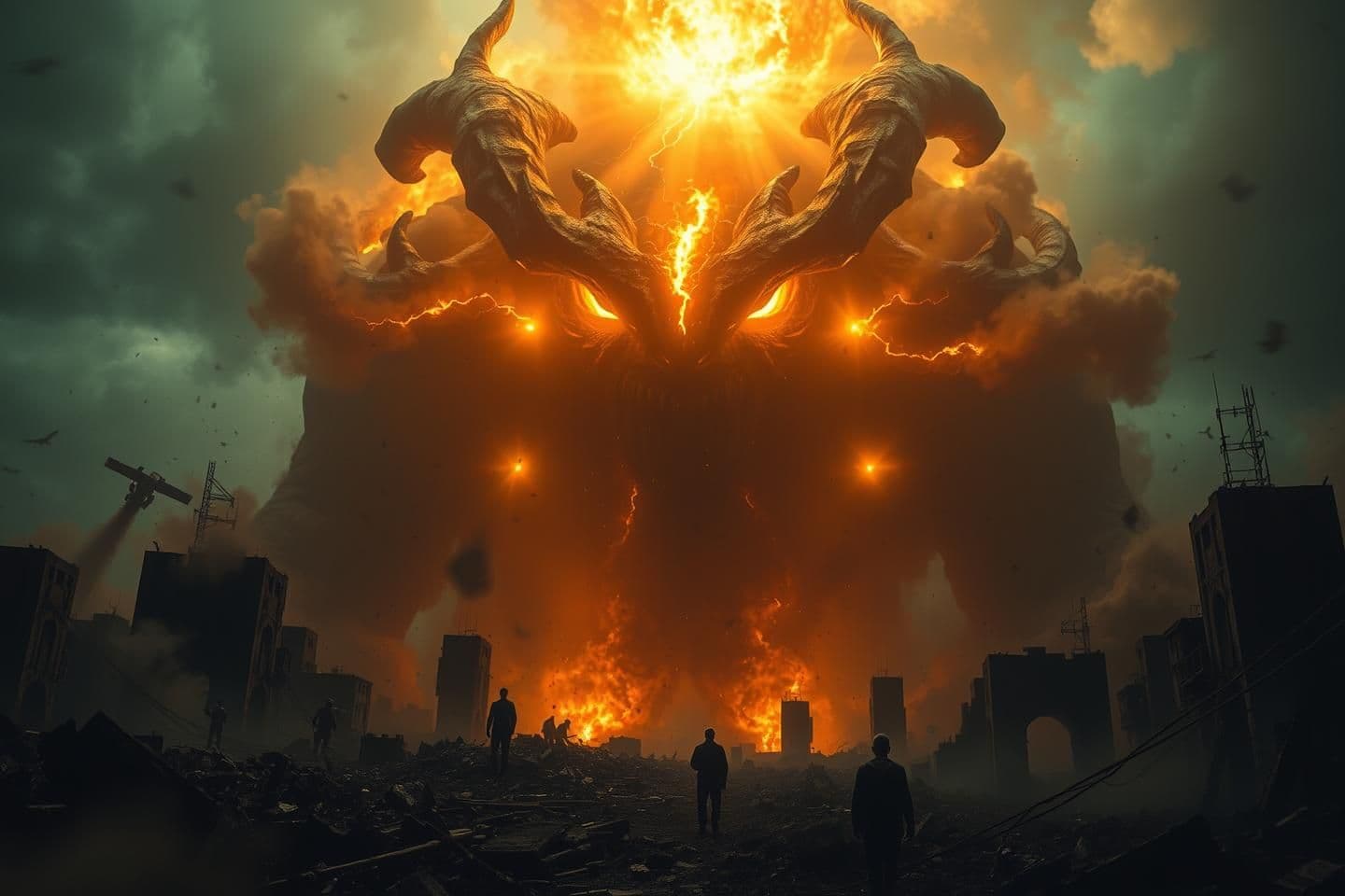 AI generated: The giant Kaliyug demon begins to awaken. Its eyes ignite with fiery golden light, illuminating the dark world around it. Cracks of energy burst across its smoky, colossal body as
