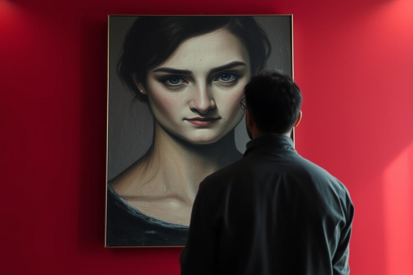 AI generated: Create a contemporary art gallery scene using the attached image of a woman's face and appearance without altering her features.A large oil potrait of a woman Hangs on the wall. He
