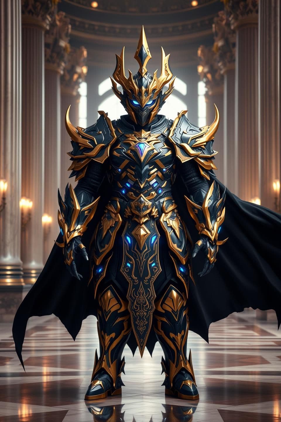 AI generated: Create a hyper-detailed, full-body portrait of a majestic armored warrior standing in a grand hall. The armor is a complex fusion of black obsidian metal and radiant gold plating,