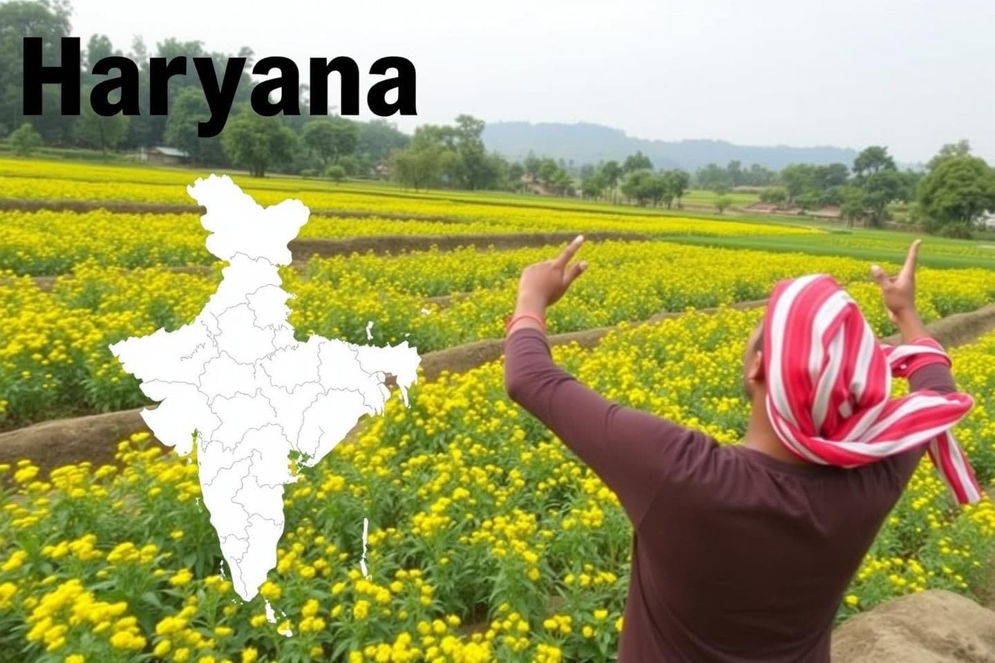 AI generated: IMPORTANT: Generate with all text in Hindi script only. Haryana
Capital: Chandigarh
Identity: Land of sports and agriculture, mustard fields
Special Features: Wrestling, rural c