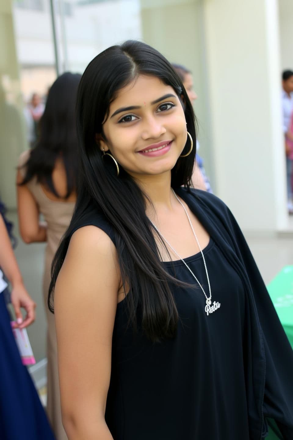 AI generated: A young Indian woman, likely in her early fourteens , is the main subject. She is wearing large silver earrings. Her dark hair is long and straight. She has fair skin, and a subtle