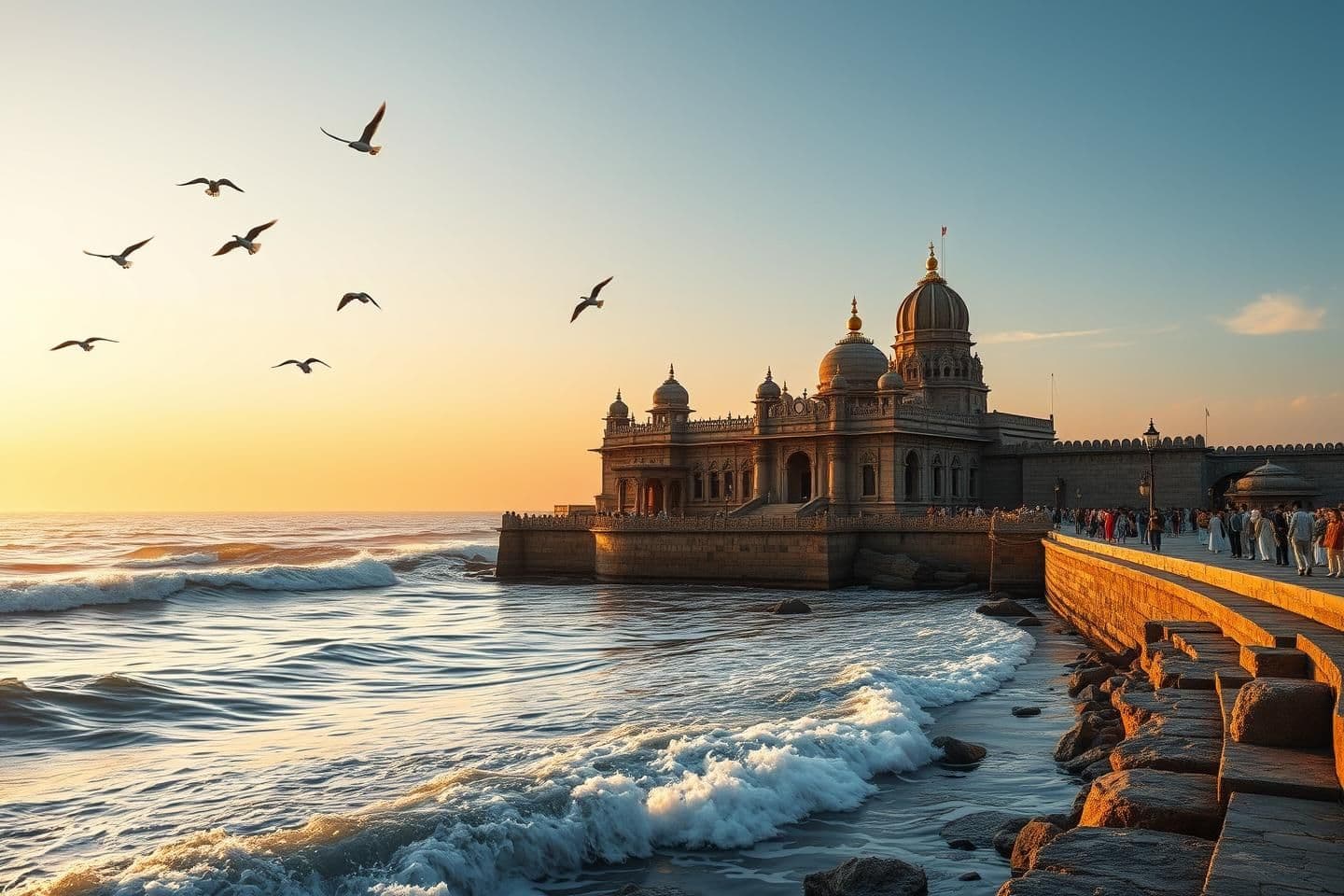 AI generated: A hyper-realistic scene of Dwarka’s seaside Dwarkadhish Temple at golden hour, waves crashing gently against stone walls, seagulls flying above, devotees walking with lamps, ocean