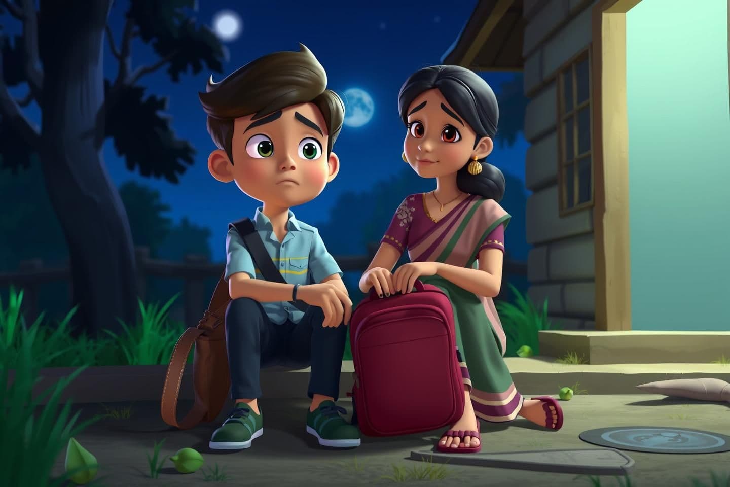 AI generated: 3D cartoonish rural night scene with Neel sitting sadly outside the house, holding his school bag. Arya sits beside him with a comforting hand on his shoulder, both under moonlight