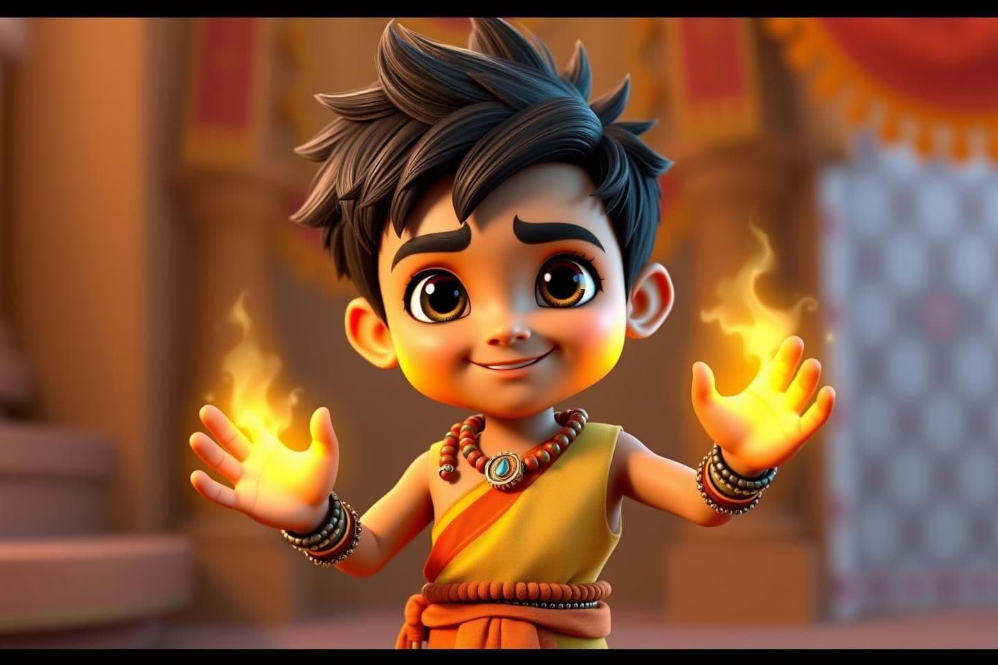 AI generated: A cute 3D Indian boy character looking like a little warrior prince, spiky hair, wearing a sleeveless orange and yellow tunic with a dhoti, wearing Rudraksha beads around neck and