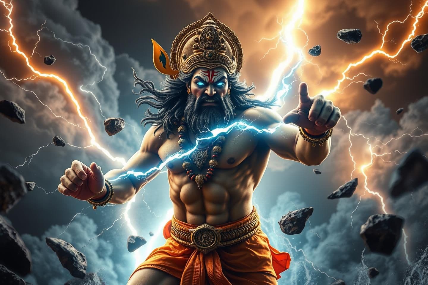 AI generated: Ultra-realistic angry Hanuman summoning a massive storm.
Thunder clouds swirling, lightning striking behind him.
Wind blasting outward, stones levitating around.
Inspired by man
